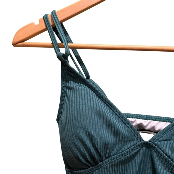 Teal Strappy One-Piece Swimsuit Womens Ruched V Neck Tie Side Size Medium - Picture 3 of 13